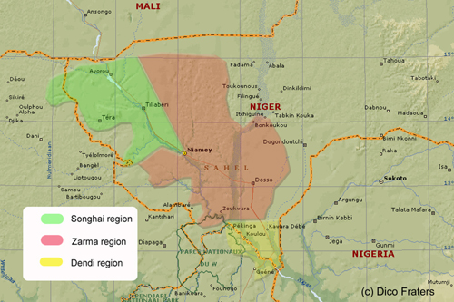 Map of areas of occurence of different Sonhay dialects