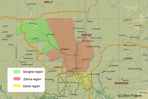 Kaart met voorkomen van de belangrijkste zuidelijke Sonhay dialecten.